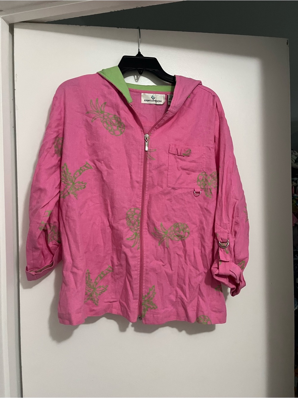 erin london Pink Hooded Zip Front Jacket with Green Lining